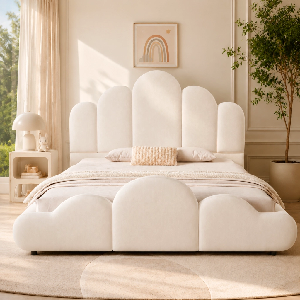 Letto imbottito 140 x 200 cm in velluto beige con testiera imbottita e struttura a nuvola