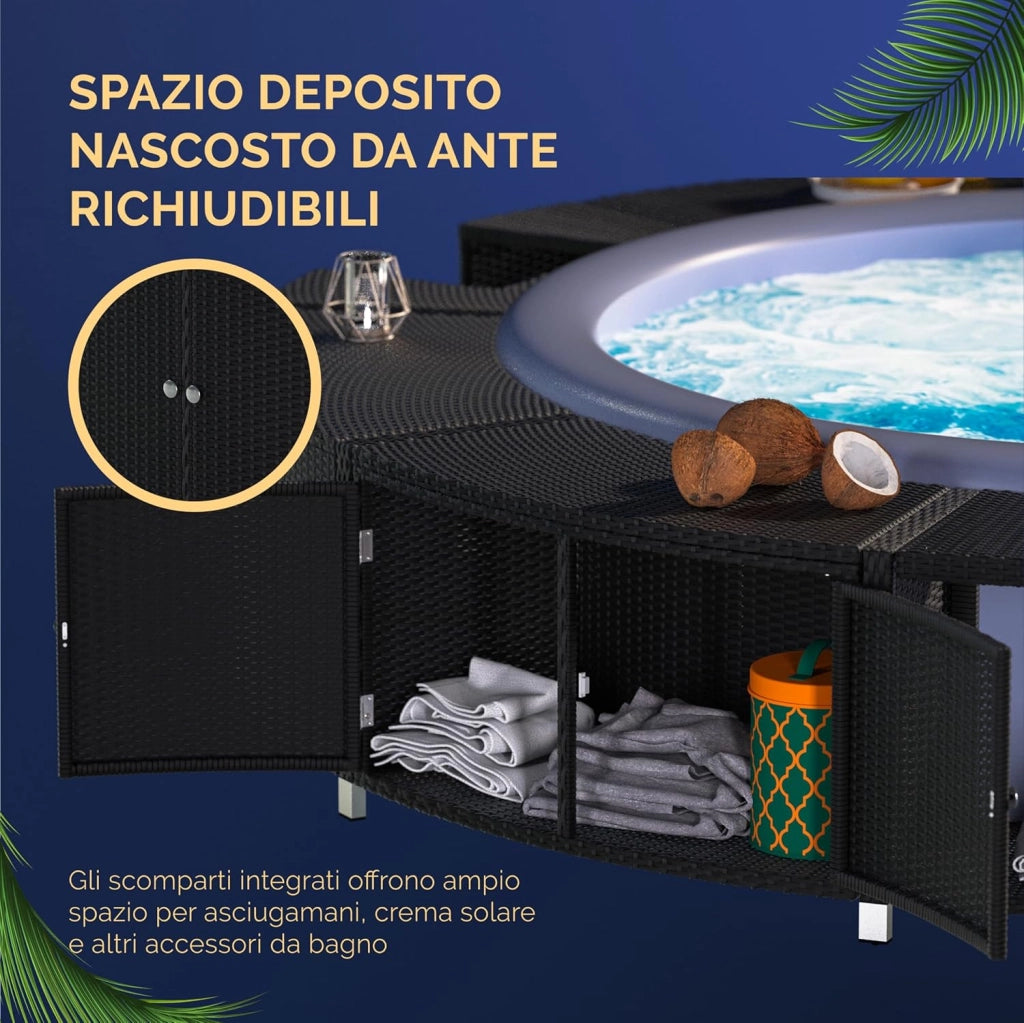 Cornice Whirlpool Vasca Idromassaggio Polyrattan Ø 206 cm Ingresso in Legno Eucalipto Certificato FSC Bordo Piscina Relax