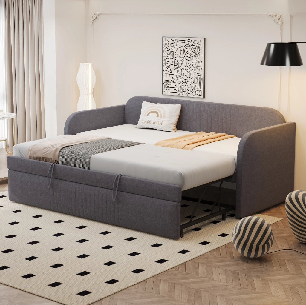 Divano letto estraibile imbottito 90/180x190 cm con rete a doghe in lino; grigio