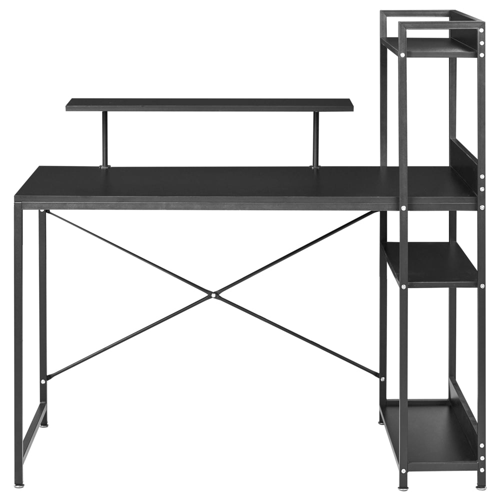 Scrivania da ufficio per casa Piano in MDF nero Struttura con gambe in ferro verniciato a polvere 5 ripiani Supporto per monitor Moderno