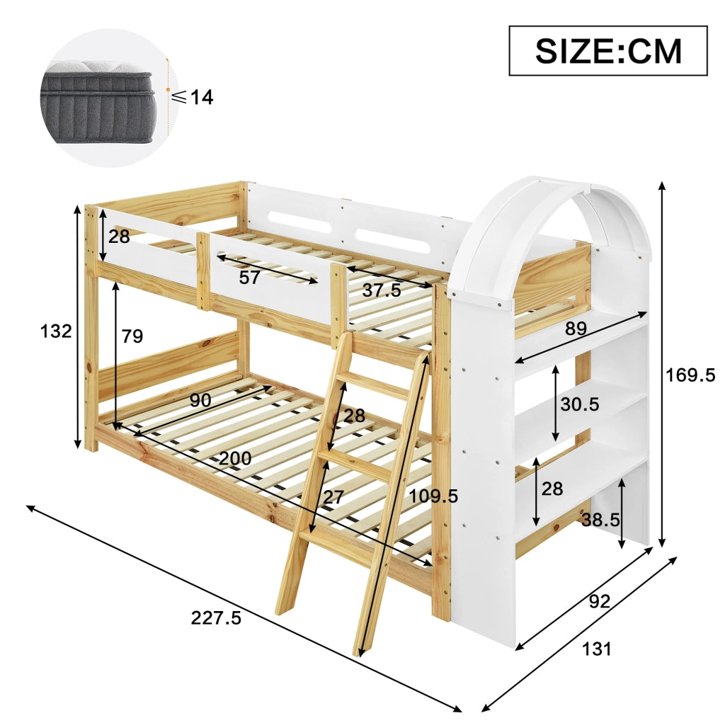 Letto a castello per bambini 90x200 cm con scaffale