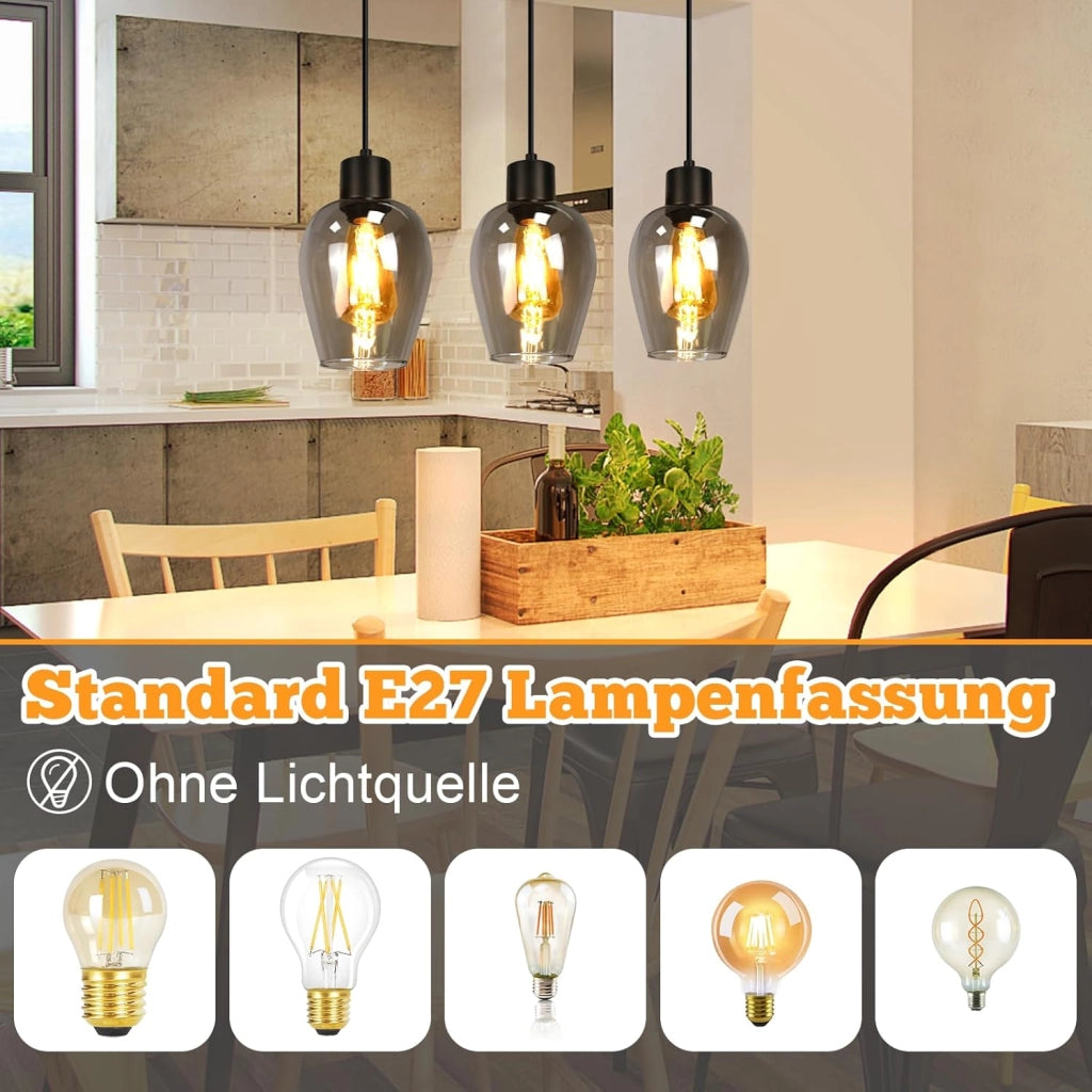 ZMH Lampada a Sospensione 3 Luci Vintage Retro Vetro Fum¨¦ E27 per Sala da Pranzo Cucina Hotel Soggiorno Senza Lampadina