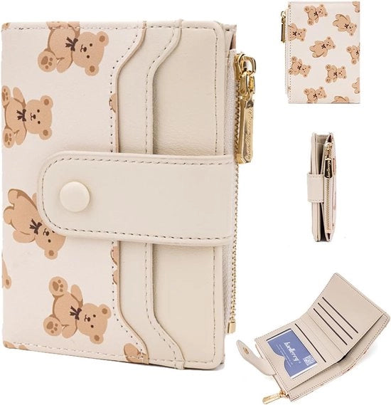 Portafoglio compatta per donne, piccolo zip, disegno a rilievo con orsi, portafoglio con blocco RFID, più compartimenti, moda e pratica - bianco sbreccato