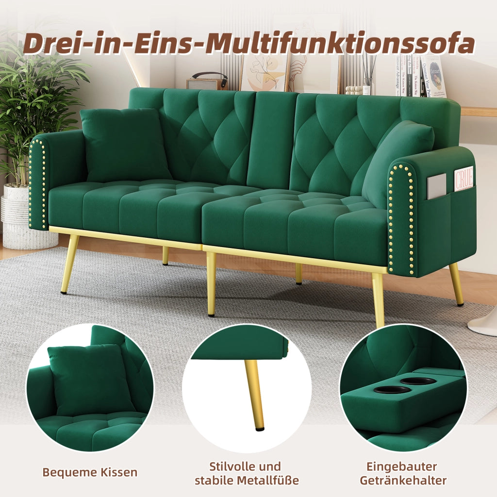 DIVANO LETTO 175x80x73,5 cm in velluto verde con schienale regolabile