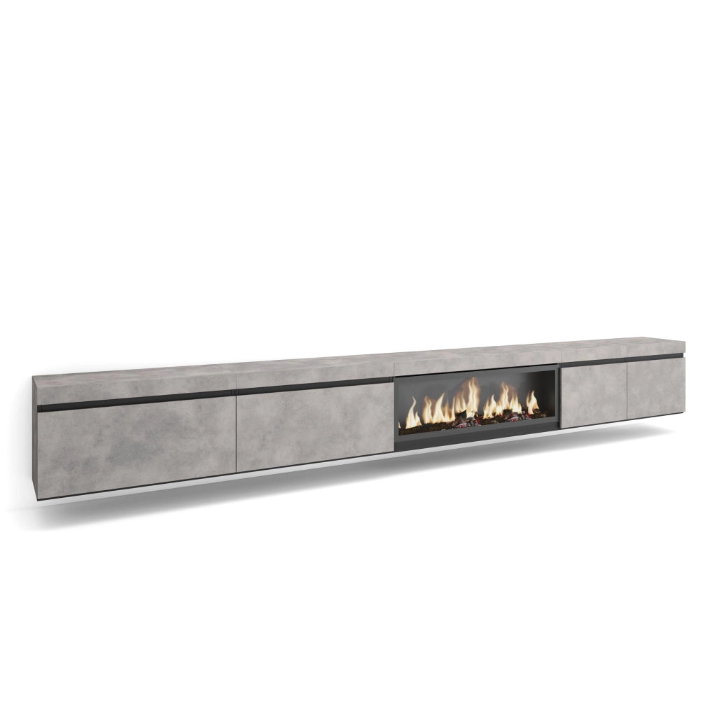 Mobile TV Soggiorno, 368x35x45, Camino elettrico XXL, da appendere, grigio cemento RF3679