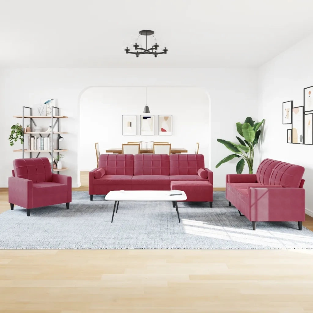 Set di Divani 4 pz con Cuscini e Rinforzi Rosso Vino in Velluto