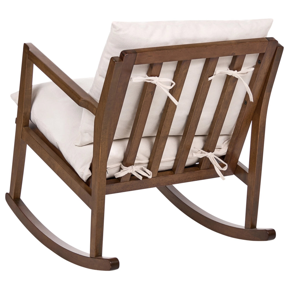 Poltrona a dondolo con rivestimento in poliestere struttura in legno di gomma marrone stile scandinavo tessuto beige chiaro