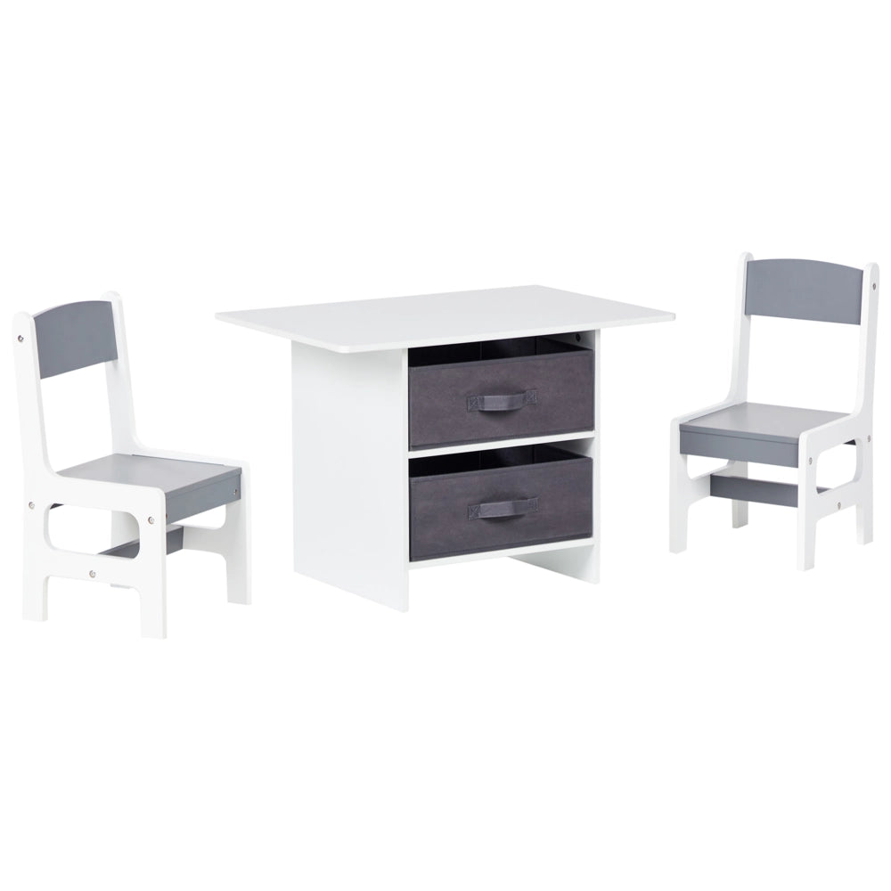 Set per bambini a 2 posti Tavolo con sedie MDF bianco e grigio Due scatole in tessuto non tessuto Cameretta per bambini alla moda