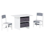 Set per bambini a 2 posti Tavolo con sedie MDF bianco e grigio Due scatole in tessuto non tessuto Cameretta per bambini alla moda