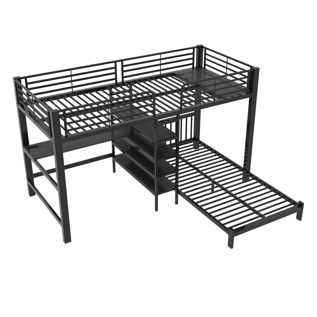 Letto a castello 90×200 cm con scrivania; ripiani e prese USB Type-C; senza materasso; metallo; nero