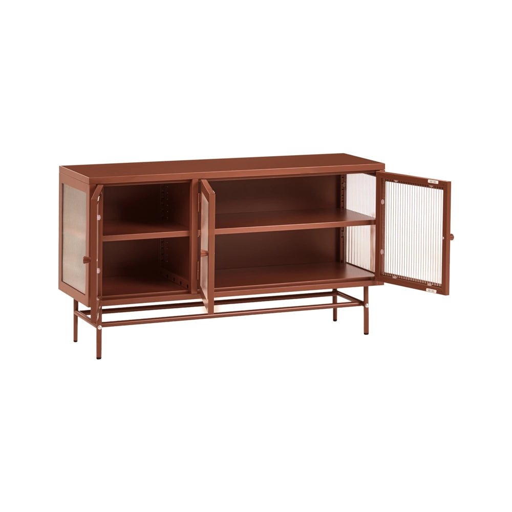 Credenza a 3 ante, acciaio color marrone dorato, vetro temperato scanalato, ripiani regolabili, coprigambe, mobili da soggiorno