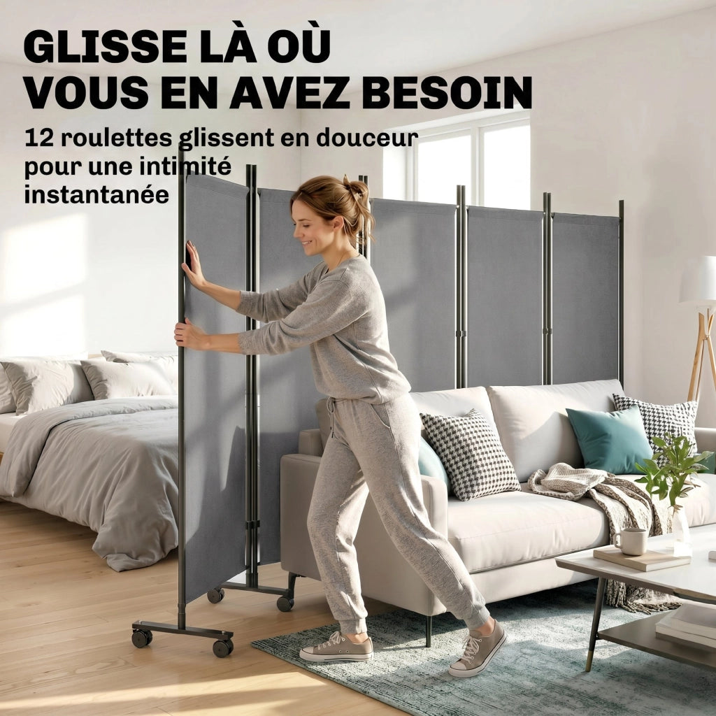 Paravento 5 Pannelli 252x170cm ¨C Xylo ¨C Acciaio e Poliestere Grigio con Ruote
