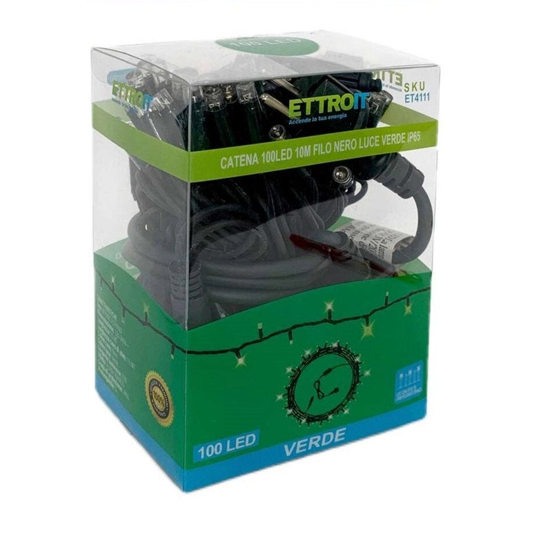 Catena Luminosa di Luci Led IP65 10 Metri Con 100 Led Filo Nero Luce Verde Con Connettore Allungabile