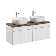 Set ICON bianco: mobile sottolavabo 120cm + piano per lavabo in aspetto legno scuro + due lavabi da appoggio bianchi