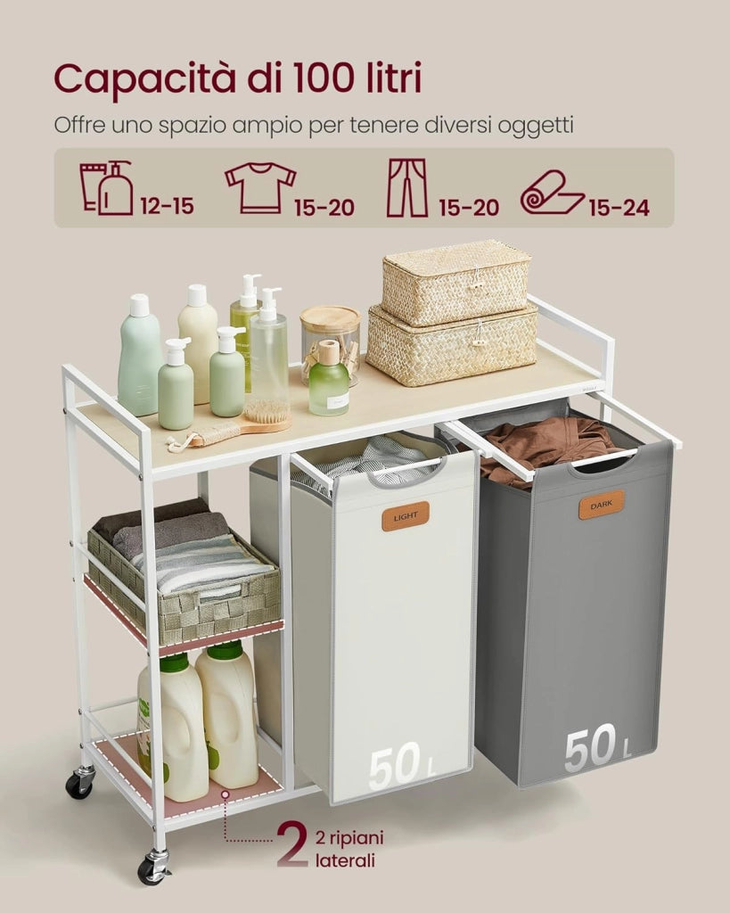 VASAGLE Cesto Portabiancheria a 2 Scomparti, Porta Biancheria 100 L, Carrello per Biancheria, con Ripiani, Sacchi Rimovibili, 6 Etichette, Beige Naturale, Grigio Tortora e Bianco Crema BLH311G01