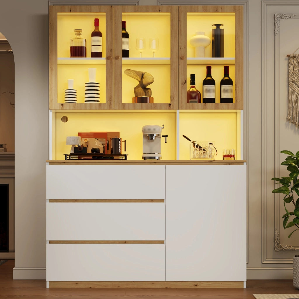 Vetrina alta multifunzione con LED, 120 x 200 cm, bianco e rovere, MDF