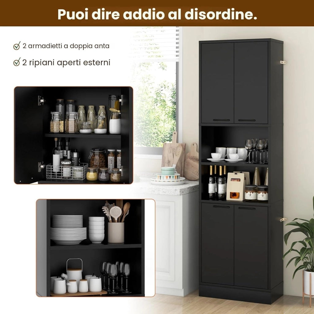 Credenza Alta da Cucina 190 cm, Mobile Cucina Dispensa in Legno, Mobile Buffet con 2 Armadio e Ripiano, per Soggiorno, Sala da Pranzo, Bagno, 56 x 30 x 190 cm, (In 2 Pacchi) (Nero)