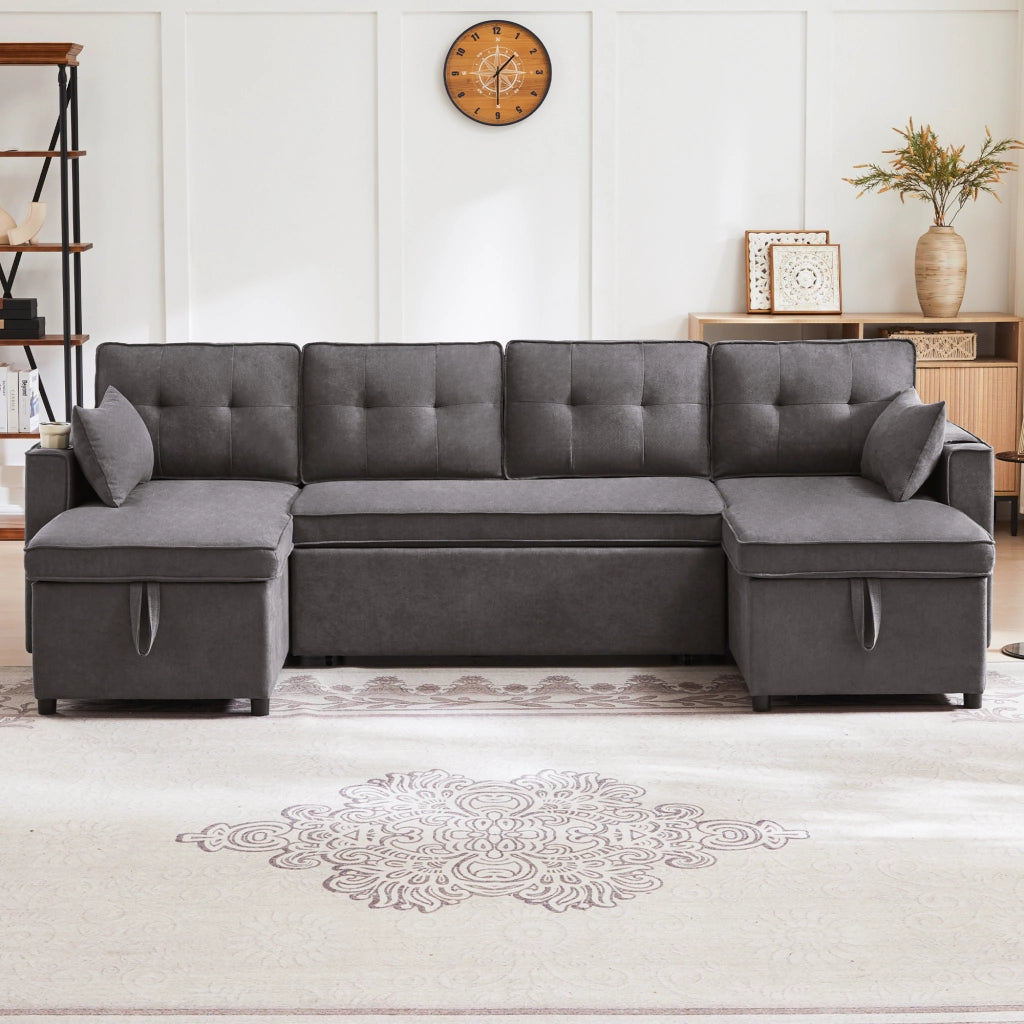 DIVANO LETTO U-form 270x130x86 cm Grigio in tessuto cotone e lino