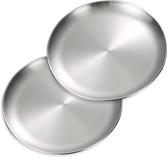 Set da pranzo in acciaio inossidabile 2 pezzi, piatti in acciaio inossidabile per steak e insalata, piatti in acciaio inossidabile per campeggio (argento, 26cm)