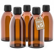 Set di 5 flaconi in vetro marrone, 250 ml. Flaconi con cappuccio a vite. Flaconi riutilizzabili. Dosaggio e conservazione di sostanze liquide