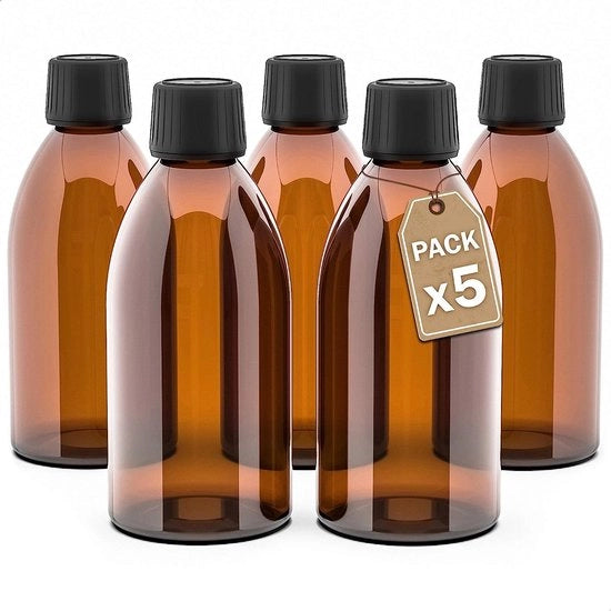 Set di 5 flaconi in vetro marrone, 250 ml. Flaconi con cappuccio a vite. Flaconi riutilizzabili. Dosaggio e conservazione di sostanze liquide