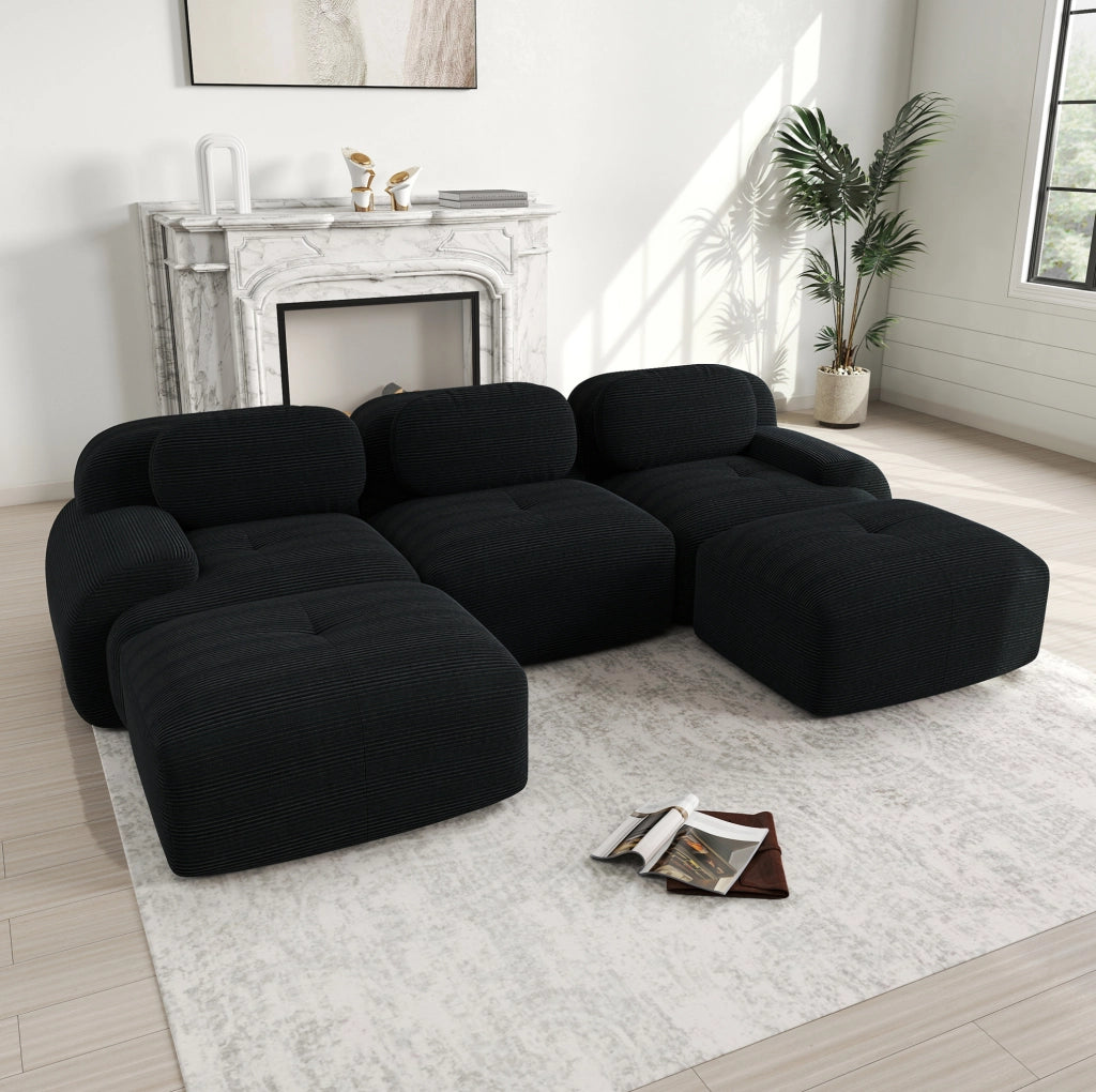 Divano angolare modulare 298x178x70 cm in velluto a coste nero; senza montaggio