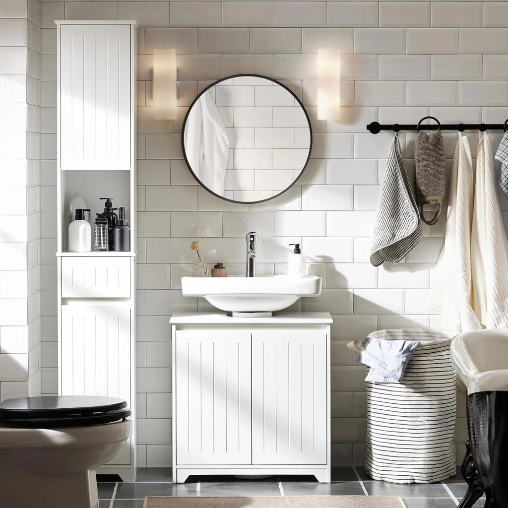 Mobile Sottolavabo Bagno Mobile Base per Lavabo a Terra con 2 Ante Bianco 60x30x60cm BZR108-II-W