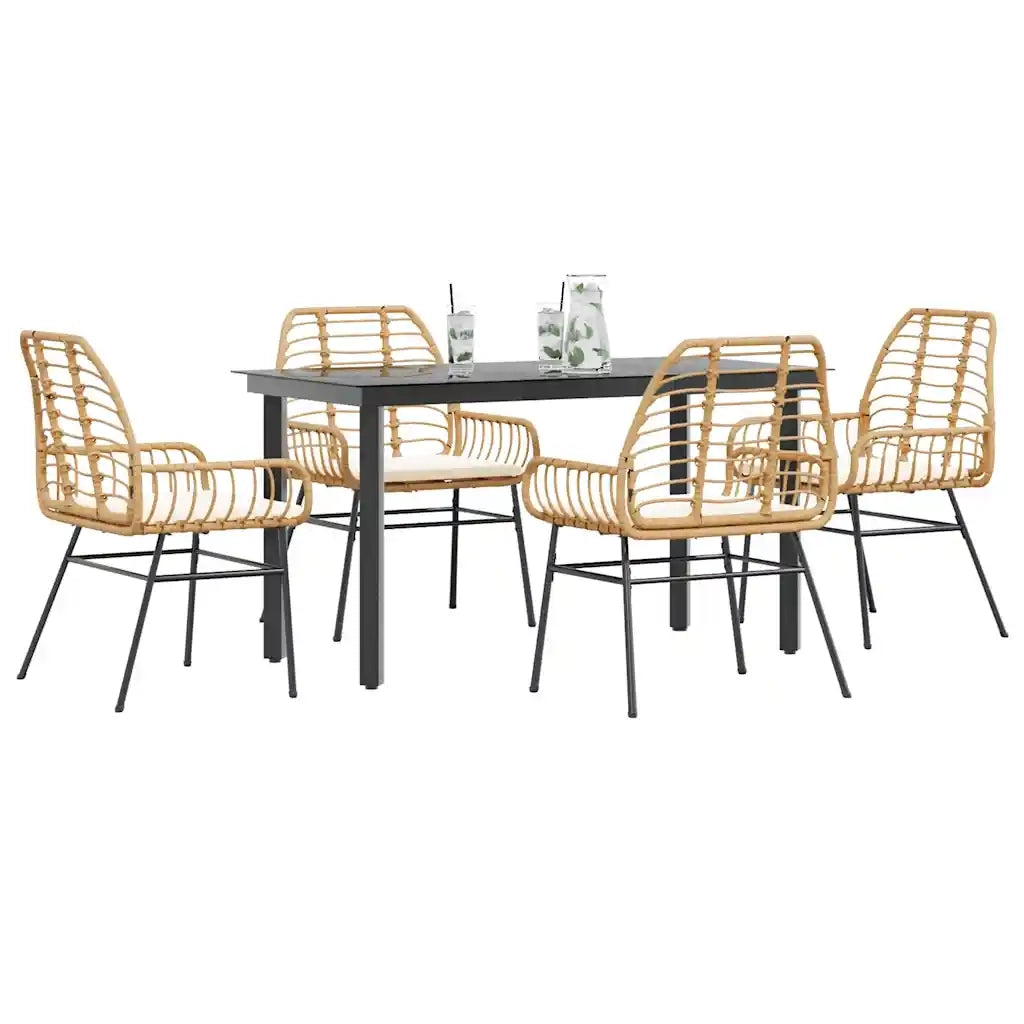 Set da Pranzo da Giardino 5pz con Cuscini Polyrattan Vetro