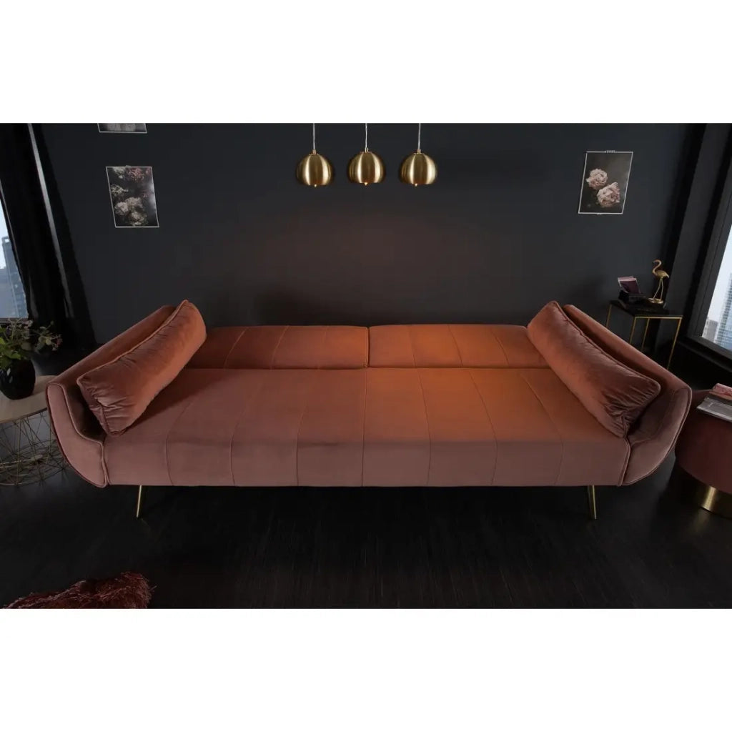 Divano dritto DANNA rosa cipria – Divano scandinavo trasformabile in velluto con piedi in metallo