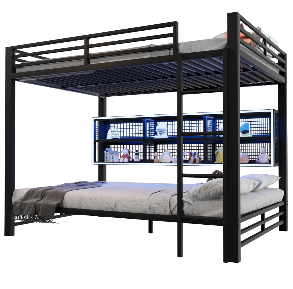 Letto a castello in metallo 140x200 con vani contenitori e luce LED