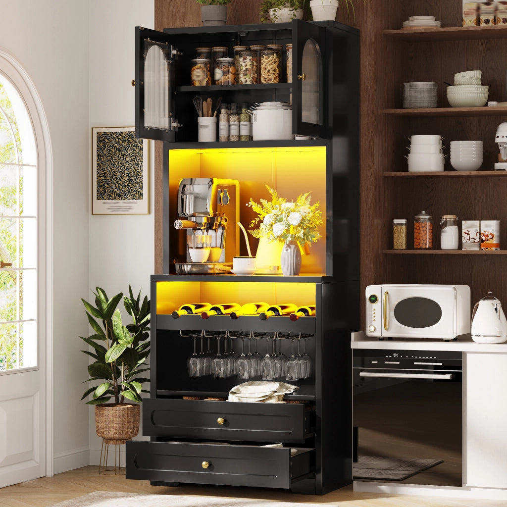 Credenza alta con ante in vetro curve LED con app e musica, ripiani regolabili, portabottiglie, nero 70 × 40 × 180 cm