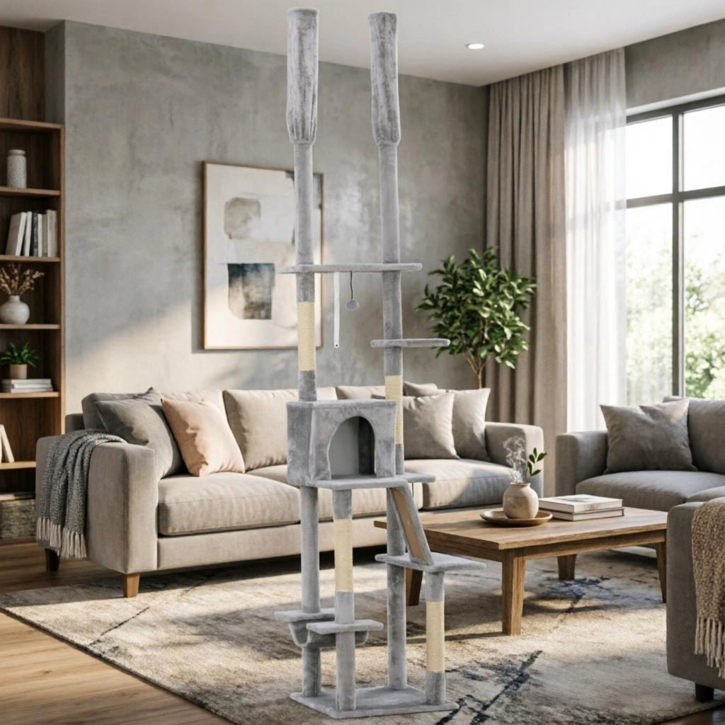 Tiragraffi regolabile in altezza con fissaggio a soffitto, altezza 225-255 cm, 6 livelli con nicchia e amaca.