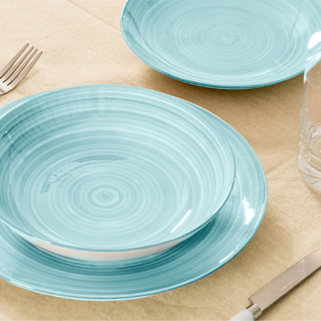 Set 18 Piatti in Porcellana Colorati Servizio Tavola Moderno 6 Persone Piatti Piani Ø27 cm, Fondi Ø20 cm e Dessert Ø19 cm Lavastoviglie e Microonde Certificati per Contatto Alimentare Acqua