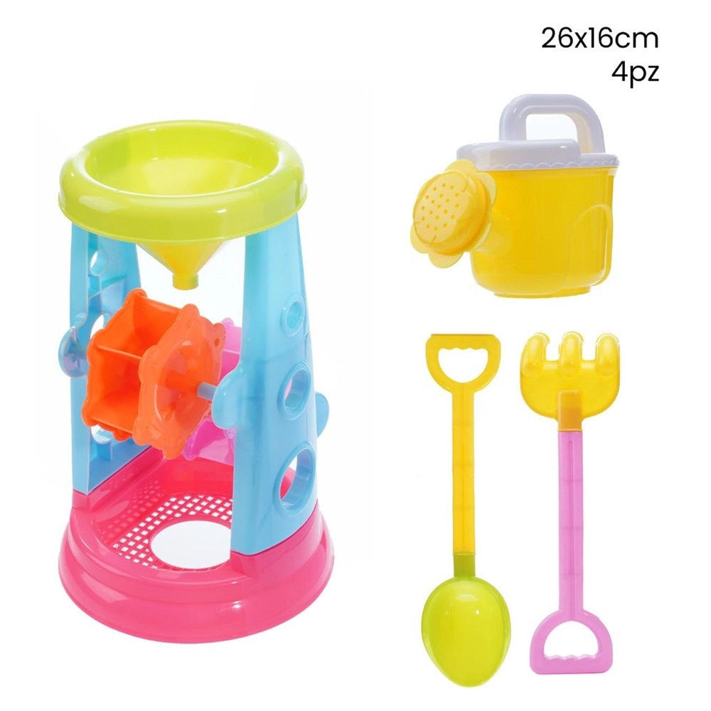 Trade Shop - Set 4pz Gioco Sabbia Spiaggia Con Innaffiatoio Mulino Paletta Rastello 26x16cm 258269 -