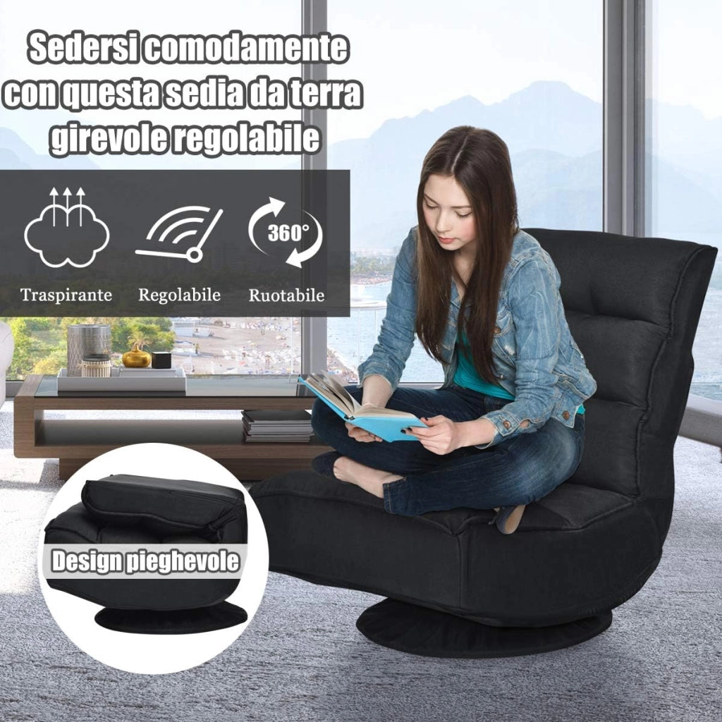 Poltrona Sedia Relax Pieghevole Reclinabile Girevole, Divano Comodo per Studio Salotto, con Schienale, Ottima per Rilassarti, Nero