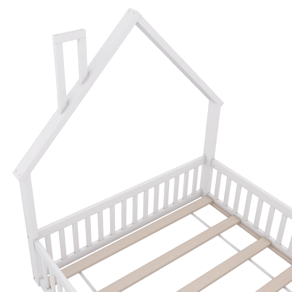 OKWISH Letto Bambini 140×190 cm, Letto Matrimoniale con Sponde di Sicurezza, Design camino e Rete a Doghe, senza Materasso, Legno Bianco