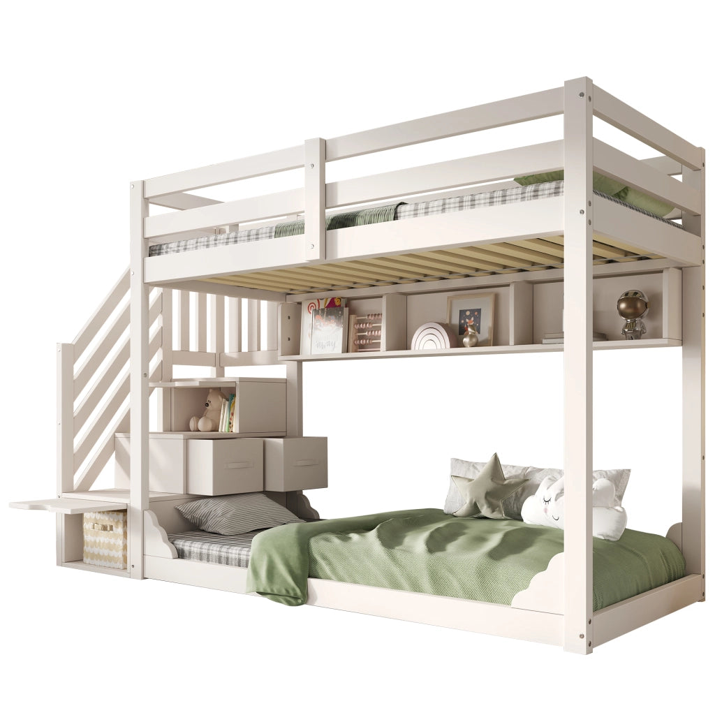 LETTO a castello 90x200 cm in legno bianco con armadio scala e contenitori