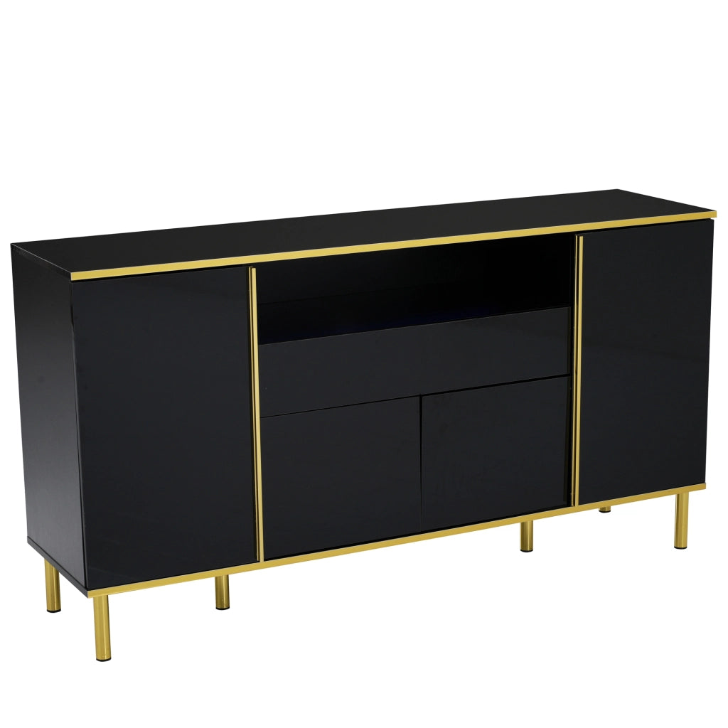 Credenza a 4 ante con 1 cassetto e LED, finitura nero lucido con dettagli dorati e vano capiente 150 × 40 × 80 cm