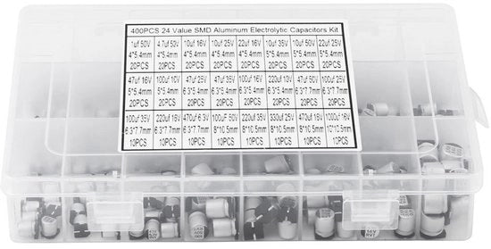 Condensatori elettrolitici solidi - 400 pezzi - Assortimento miniatura - 1uF a 1000uF - Alluminio - per progetti di elettronica