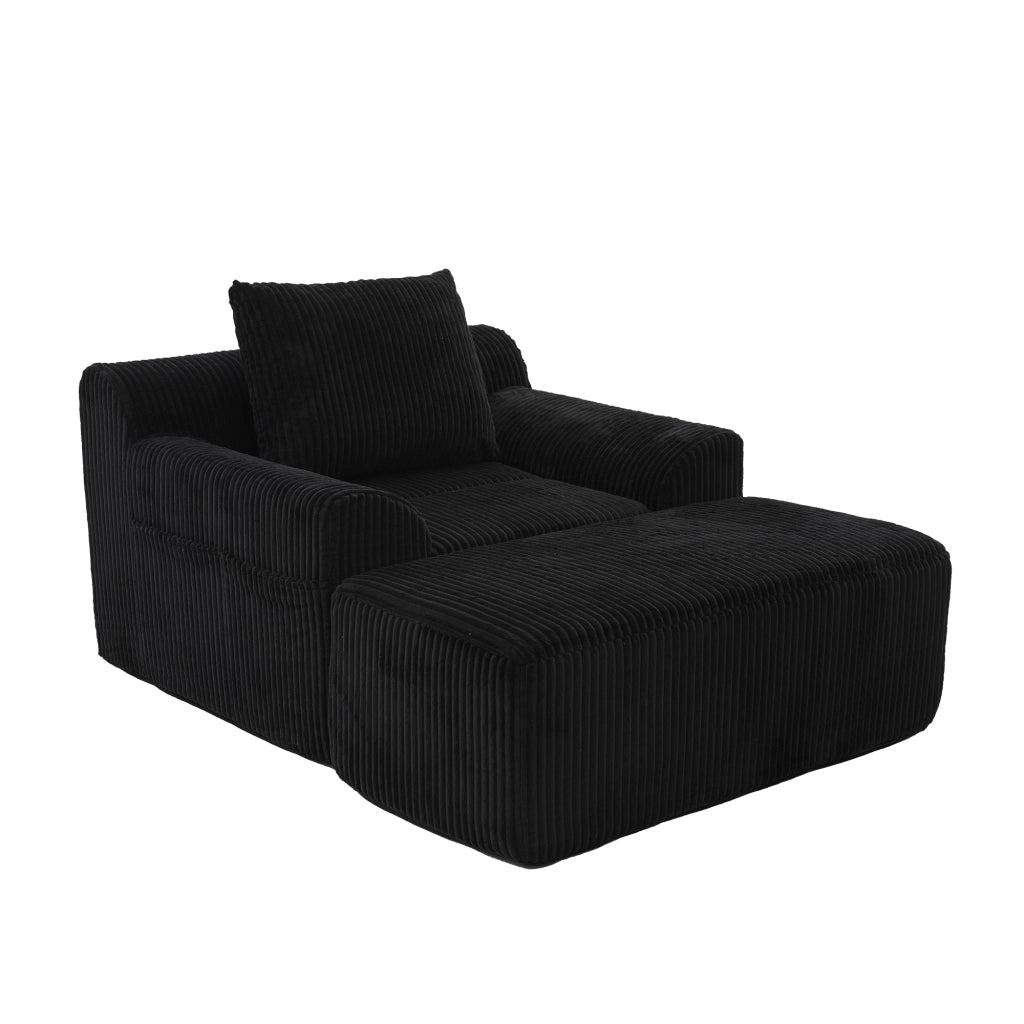 Poltrona Oversize con Poggiapiedi e Tasche Laterali; Seduta Profonda; Poltrona Imbottita in Velluto a Coste Nero