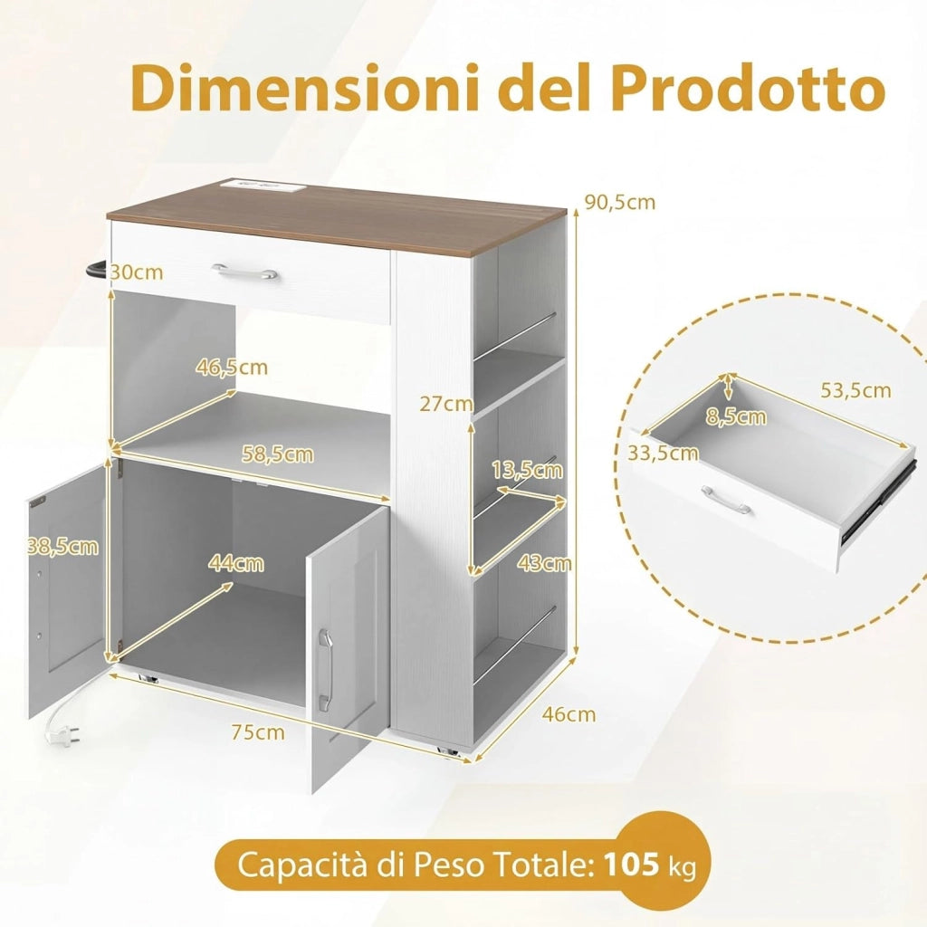 Carrello da Cucina con Ruote, Isola da Cucina con 3 Portaspezie 1 Cassetto Armadietto a 2 Porte, Carrello Portaoggetti con Portasciugamani, 82x46x92 cm (Bianco, con presa)