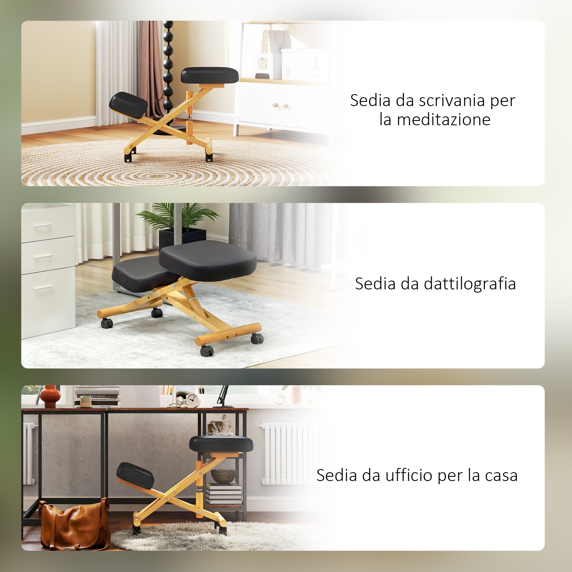 Sedia Ergonomica Posturale con Inginocchiatoio Altezza Regolabile 42x70x42-52 cm in Legno Nero