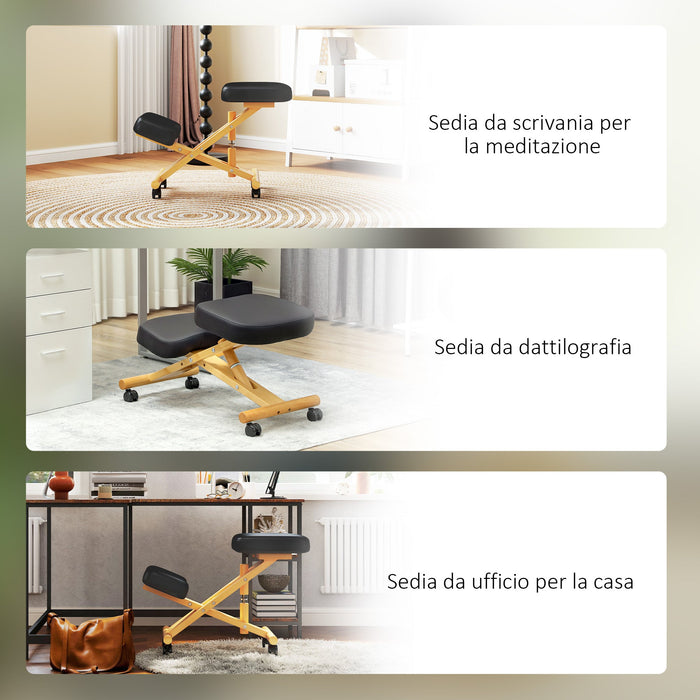 Sedia Ergonomica Posturale con Inginocchiatoio Altezza Regolabile 42x70x42-52 cm in Legno Nero