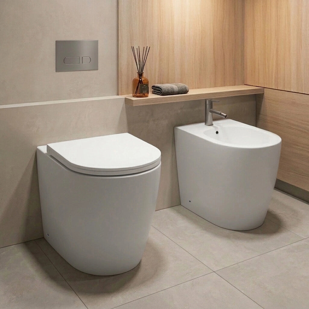 Wc filo muro P 56 cm in ceramica bianca con design ovale e scarico rimless Velora
