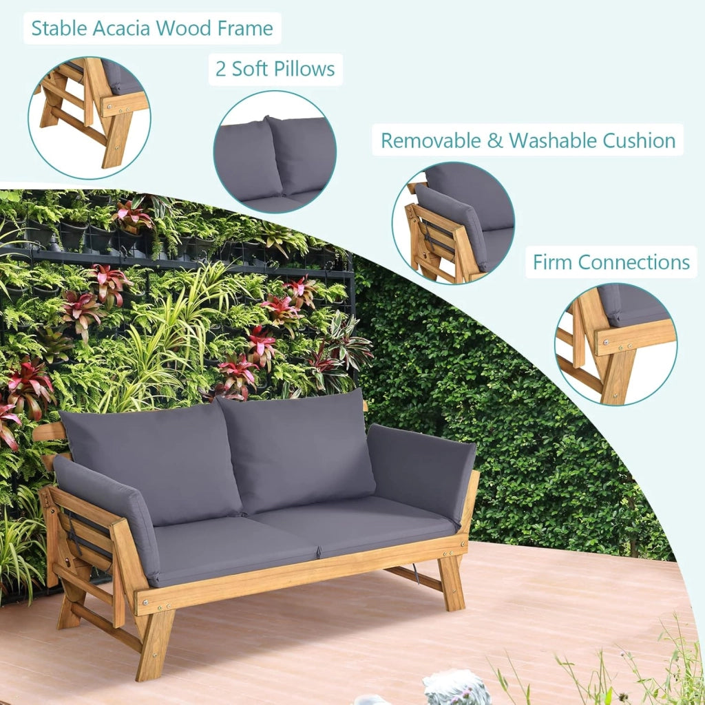Divano Esterno Giardino 2 Posti, 2 in 1 con Cuscino Morbido, Divanetto da Esterno in Legno di Acacia con Braccioli Regolabili, Sdraio per Terrazza e Cortile, 198/157 x 75 x 75 cm (Grigio)
