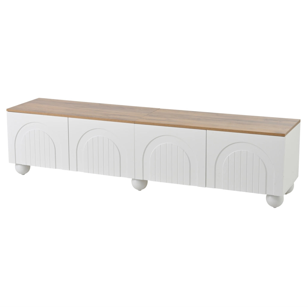 Mobile TV 180x40x45 cm con 4 ante e 6 gambe in metallo MDF bianco e naturale