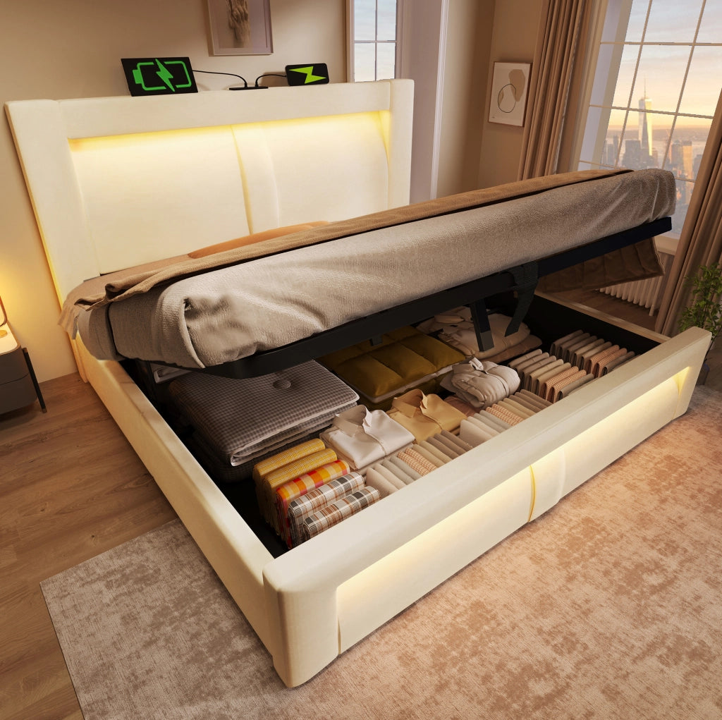 Letto con contenitore idraulico 160x200 cm, LED e prese USB/Type-C, beige