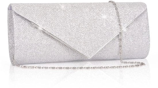 Clutch per donna, Borsa da spalla con catena rimovibile, Borsa elegante con chiusura a catena, Borsa da spalla con catena per prom, matrimoni, feste (Argento)