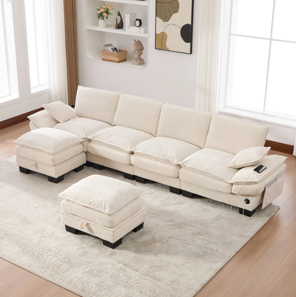 Divano modulare 4 posti in velluto a coste beige con 2 pouf
