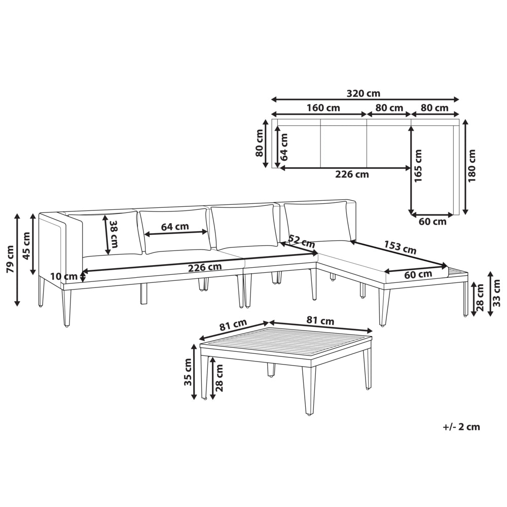 Set da giardino 4 posti in legno di acacia certificato con divano angolare tavolino e cuscini beige chiaro lato sinistro